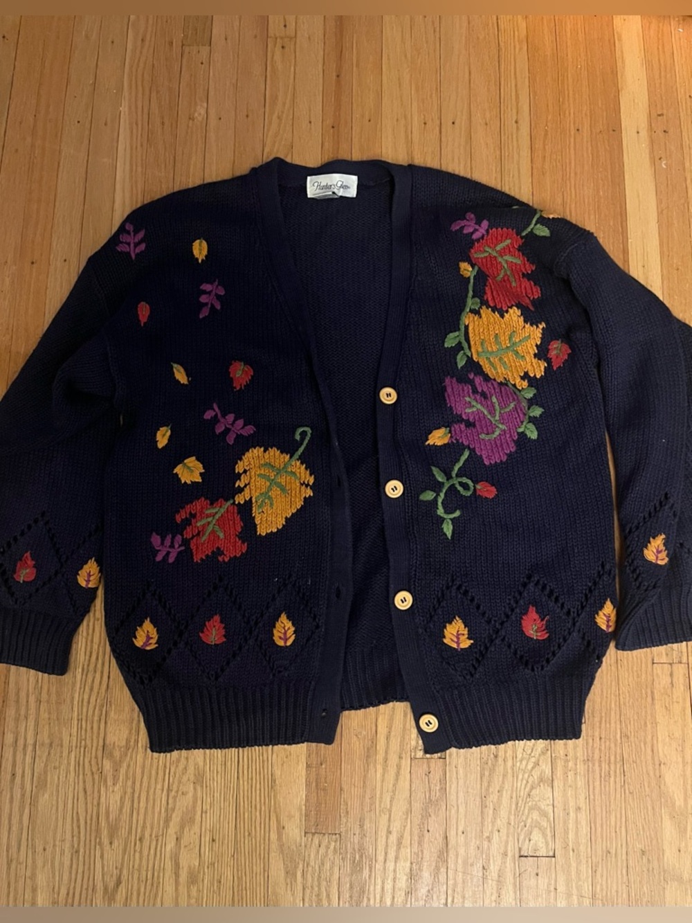 VTG 90s "Hunters Glen" Rainbow Fall Leaves Knit Cardigan Sweater